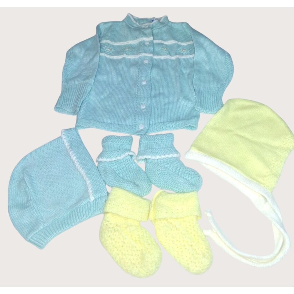 Antique Baby Knit Clothing Blue Sweater Booties Hats Yellow Hat Dolls NB